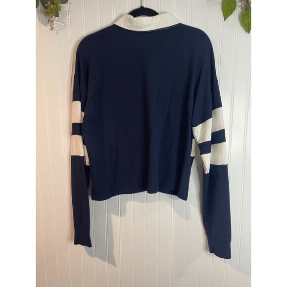 Thread & Supply Navy & Cream Striped Collared Long-Sleeve Polo Shirt X-Large - Picture 2 of 12